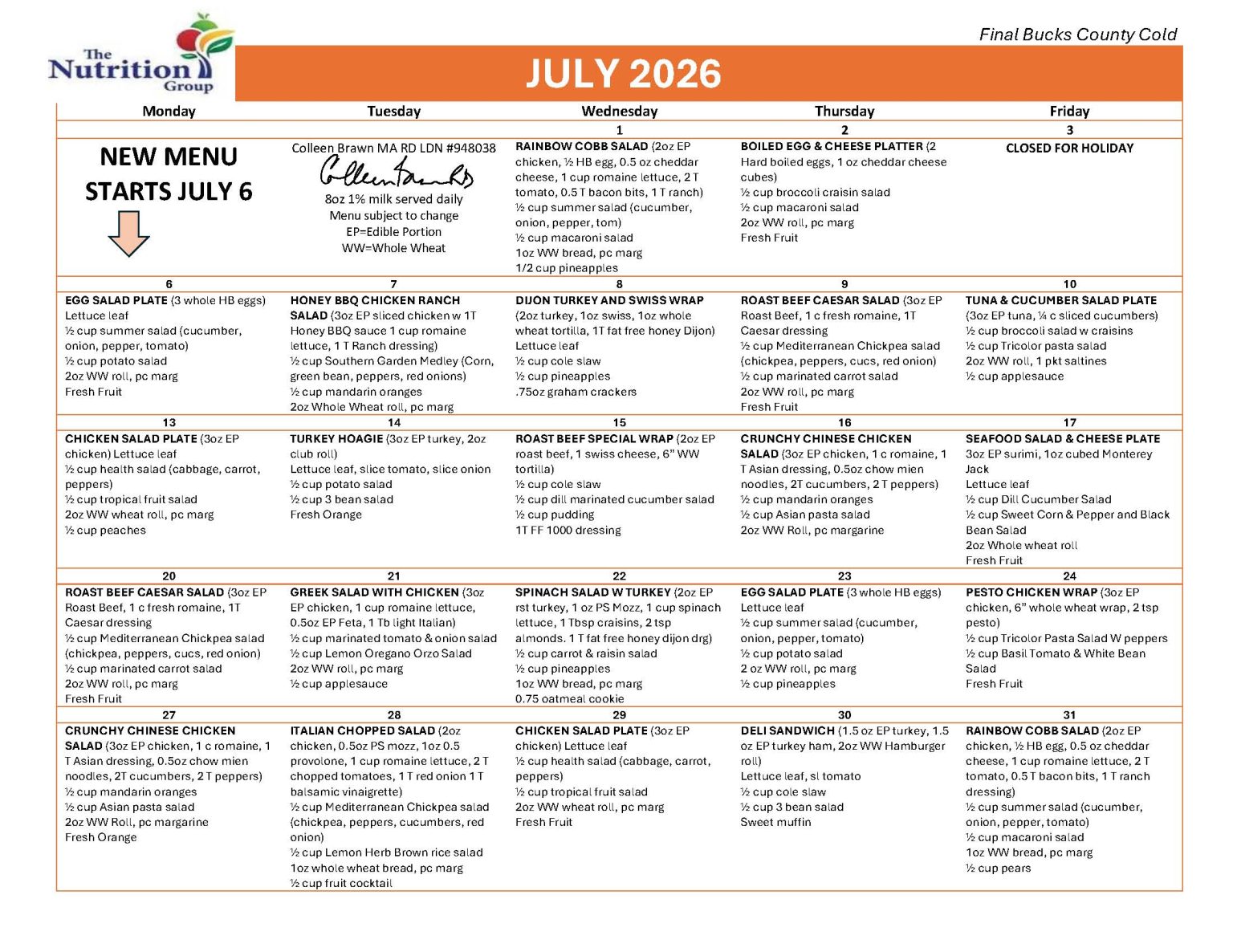 CBSAC Lunch Menu - Central Bucks Senior Activity Center (CBSAC)